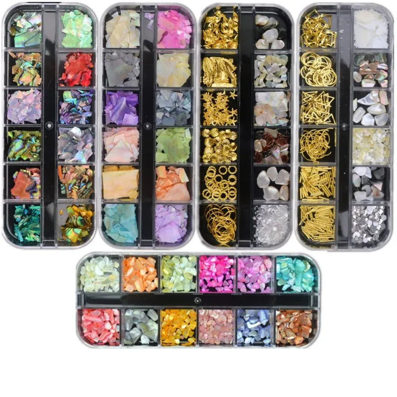 12Designs/Box 3D Abalone Shell Irregular Fragment Texture Natural Sea Shell Gel Flakes Slider Shimmer Pearl Nail Art Decorations