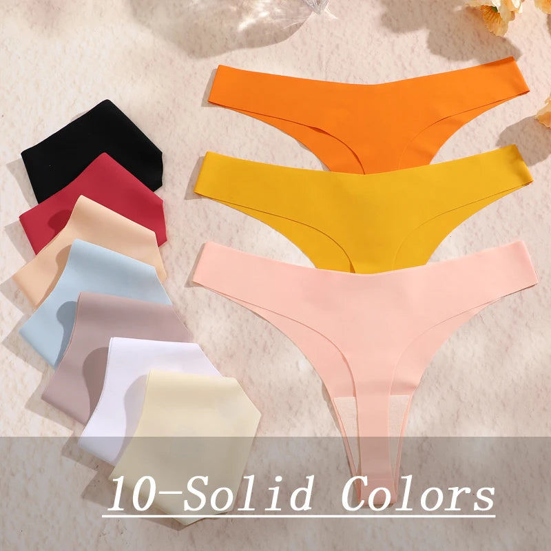 5PCS Ice Silk Seamless Thongs Women V Waist G-String Panties Solid Color Dopamine Color Underwear Ultra Thin Breathable Lingerie
