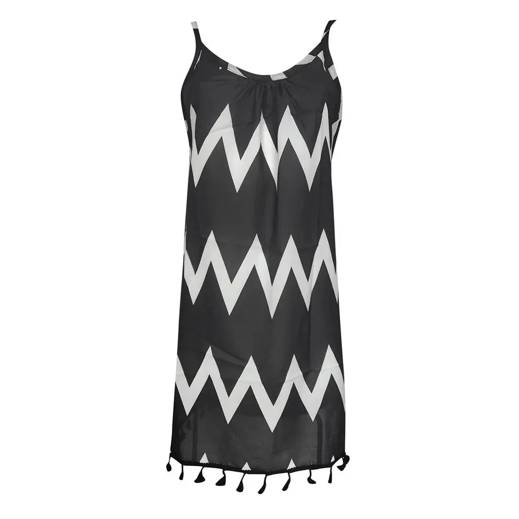 Women Summer Sexy Wave Pattern Tassel Strap Sleeveless Holiday Dress