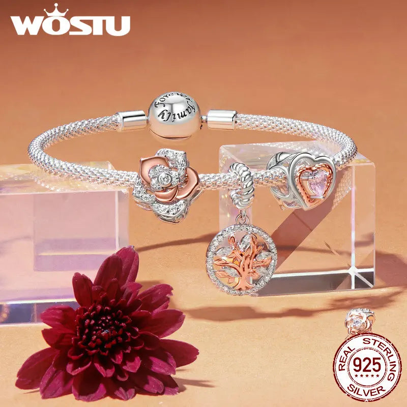 WOSTU 925 Sterling Silver Tree of Life Pendant Plated White Rose Gold Rose Charm Spacer Beads Fit Original Bracelet for Women