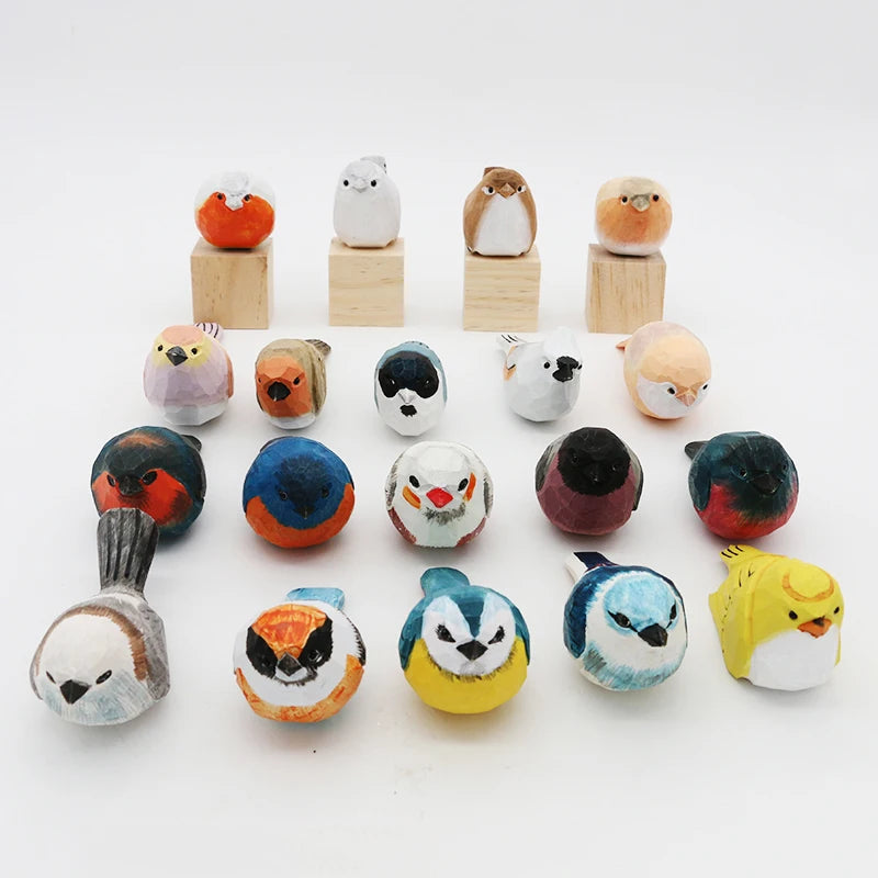 Cute Wooden Bird Figurine Ornaments Painted Hand Carved Wood Birds Statue Carving Animals Miniature Crafts Table Decorate Gifts