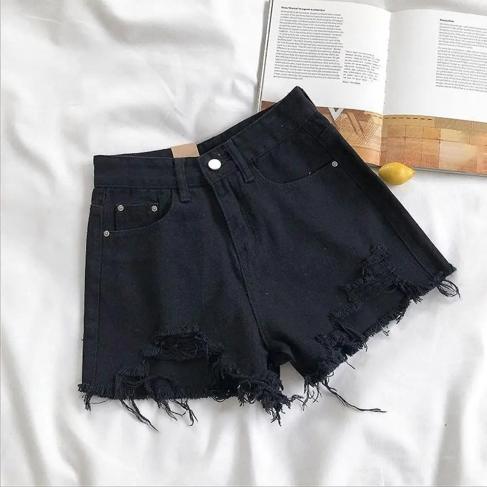 Lady Mini Pants Retro High Waist Denim Shorts for Women A-line Solid Color Ripped Button Zipper Closure Slim Fit for Summer