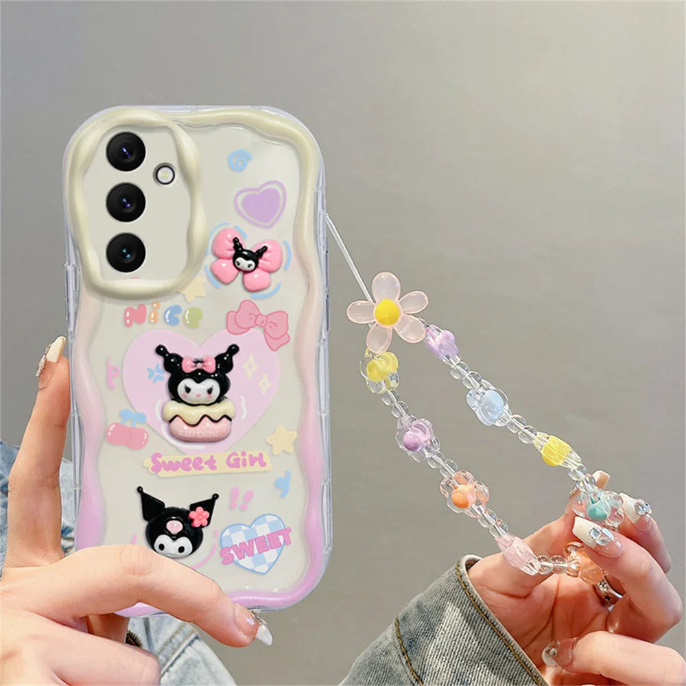 Kuromi Rabbit Phone Case For Samsung Galaxy A10S A71 A72 A73 F04 F12 F54 M04 M12 M22 M32 M54 5G Flowers Wrist Strap Curly Cover