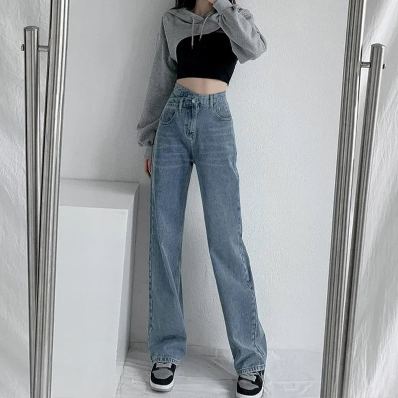 ZOENOVA Y2K 2023 Women Clothing Cross Waist Straight Wide Leg Pants Chic Korean Casual Commuting Style Baggy Streetwear Jeans