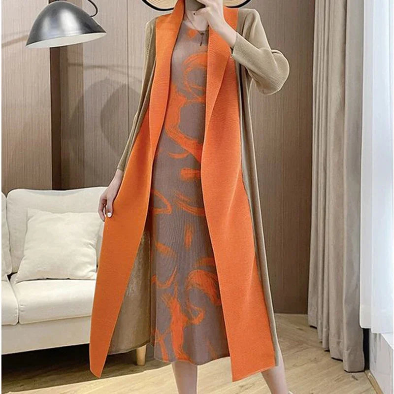 Folded Fake Two Piece Dress 2025 Spring Large Sleeves Round Neck Printed Mom's Dress  Y2k Dress