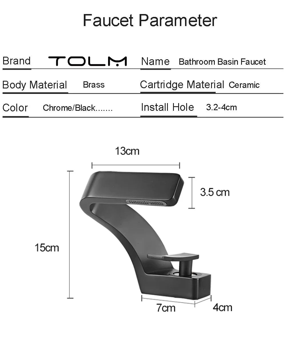 TOLM Chrome White Basin Faucet Deck Mounted Waterfall Bathroom Vessel Sink Mixer Tap Single Handle Hot Cold Water Tap
