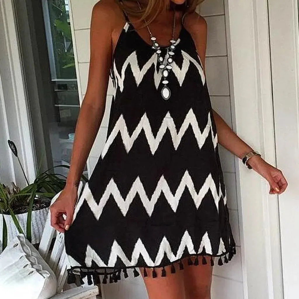 Women Summer Sexy Wave Pattern Tassel Strap Sleeveless Holiday Dress