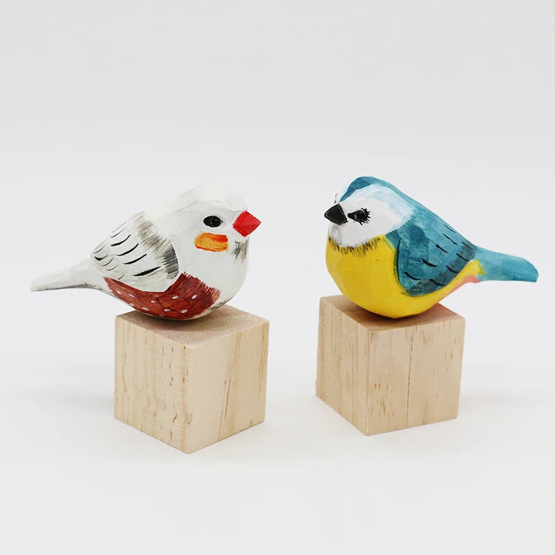 Cute Wooden Bird Figurine Ornaments Painted Hand Carved Wood Birds Statue Carving Animals Miniature Crafts Table Decorate Gifts