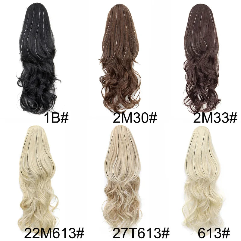 Synthetic 22Inch Long Wavy Curly Layered Ponytail Drawstring Clip in Hairpiece Black Blonde Hair for Women