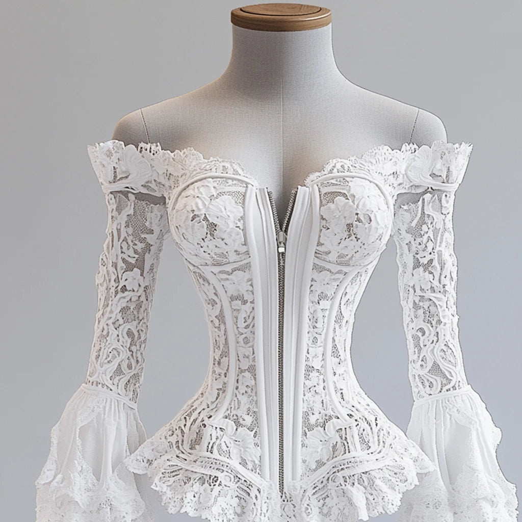 Off Shoulder Lace Blouse for Women Flare Sleeve Zipper Fly Solid Elegant Chic Sexy Hollow Out Long Sleeve Tops Irregular Hem Top