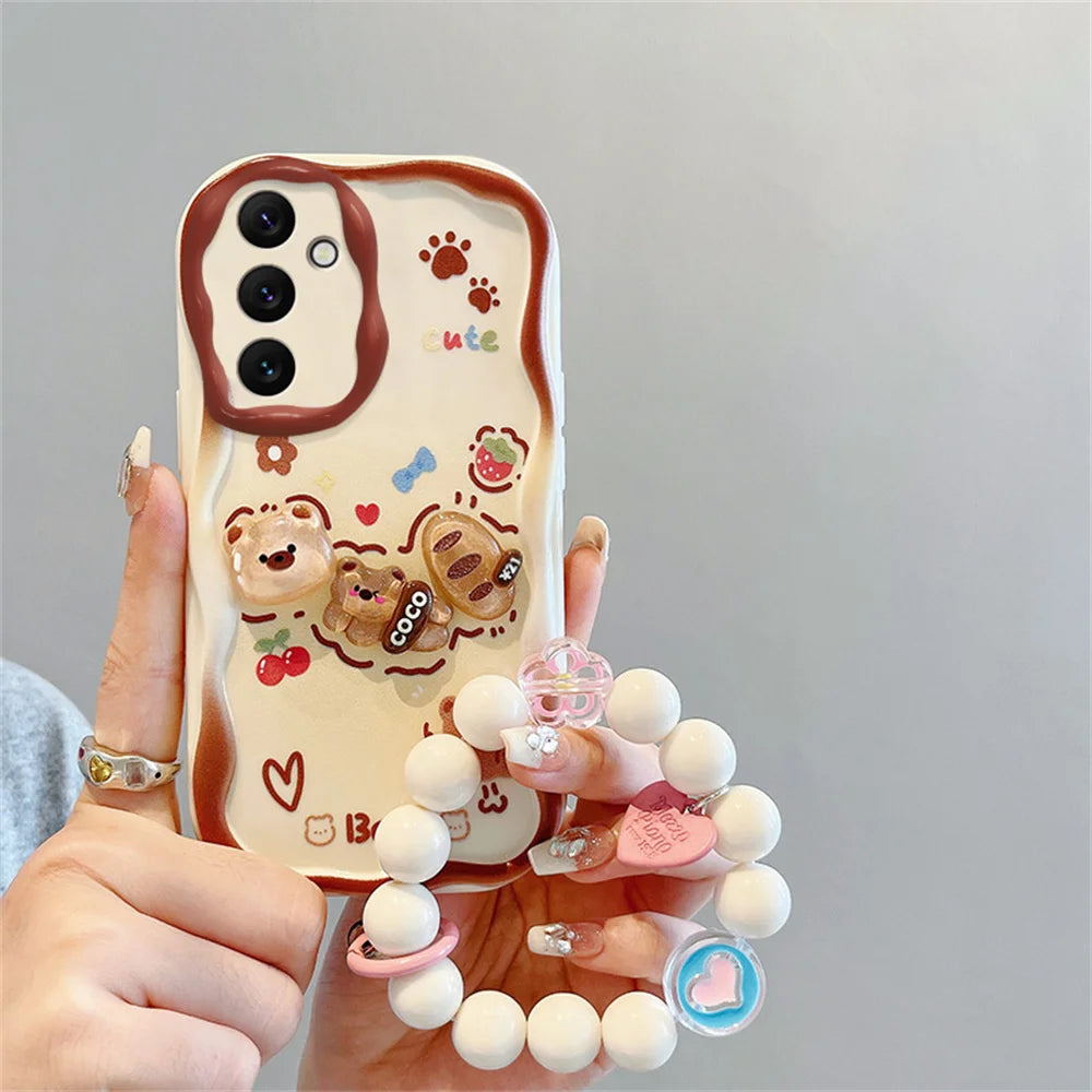 Kuromi Rabbit Phone Case For Samsung Galaxy A10S A71 A72 A73 F04 F12 F54 M04 M12 M22 M32 M54 5G Flowers Wrist Strap Curly Cover