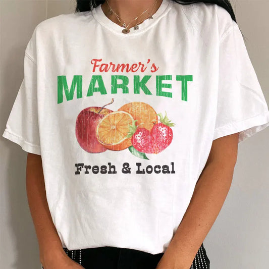 6304 Farmers Market Fruit Printed T-shirts Short Sleeve Vintage Cute Graphic Tees Women Cottagecore Aesthetic Strawberry Shirt