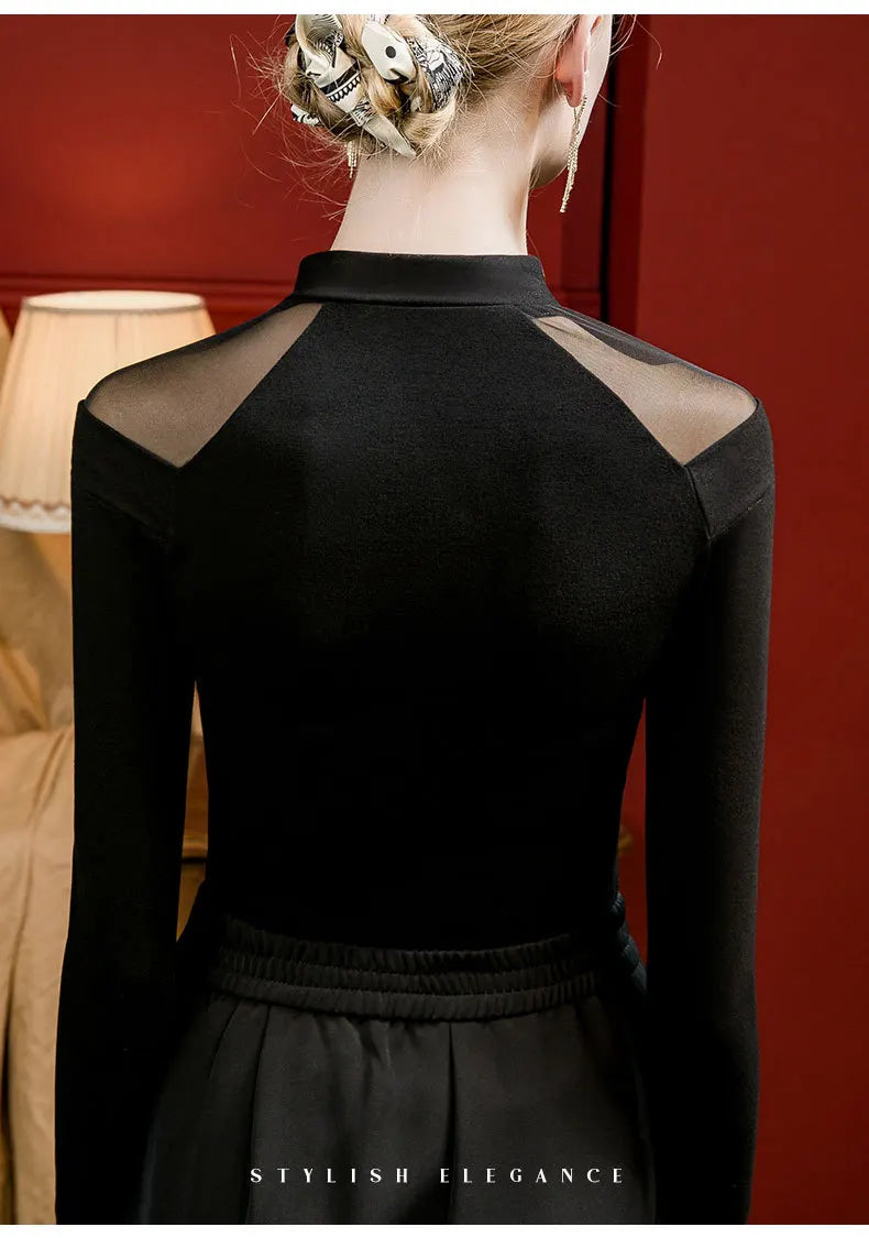 Vintage Irregular Mesh Long Sleeve T-Shirt, Show Collarbone Tops for Fall and Winter, Unique Qipao Base Shirt for Women