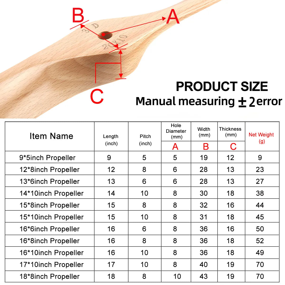 14/16/18/19/20/22/inch Wooden Propeller for RC Gas Airplane