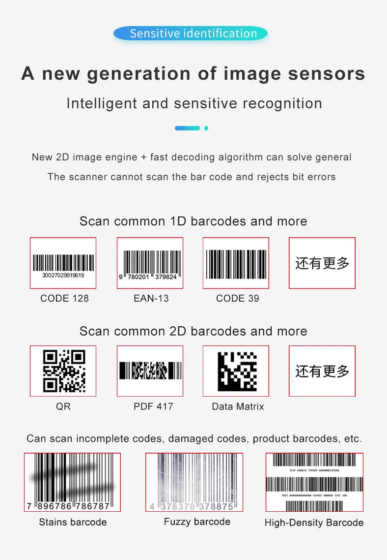 1D/2D  Supermarket Handhel  Barcode Bar  Code Scanner  Reader QR   PDF417 Bluetooth 2.4G Wireless &Wired USB Platform