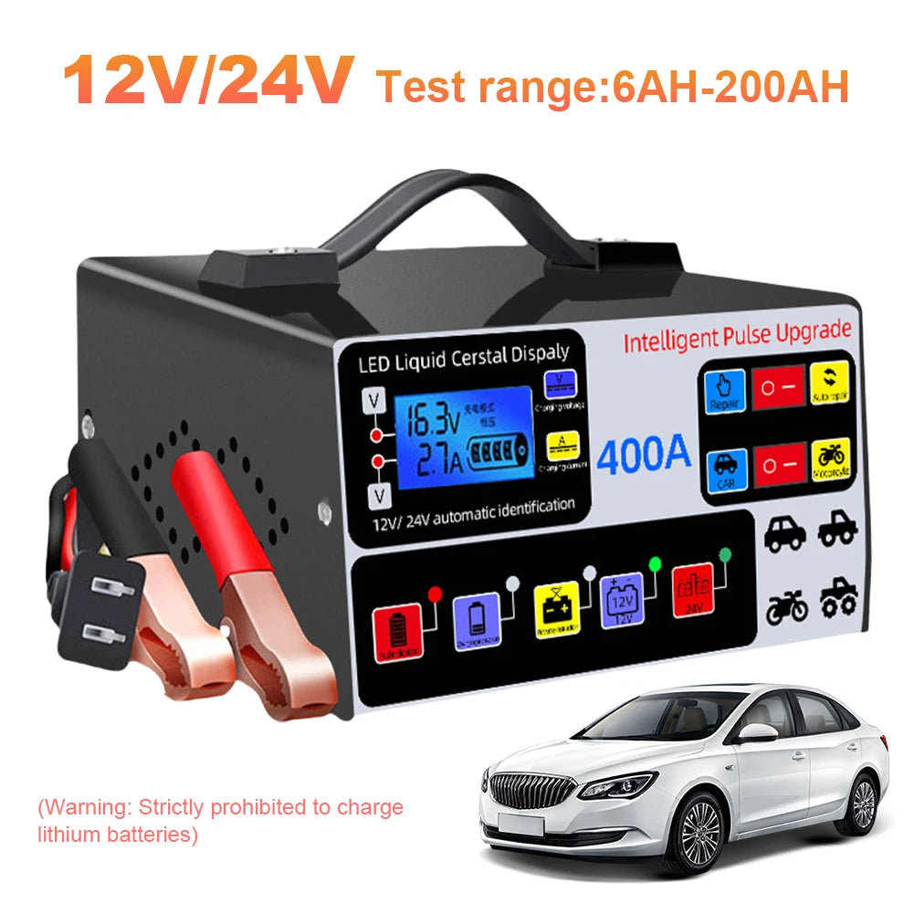 Car Battery Charger Pulse Repair LCD Display Smart Fast Charge 12V/24V Self-Stop Car Battery Charger For Auto Motorcycle Charger