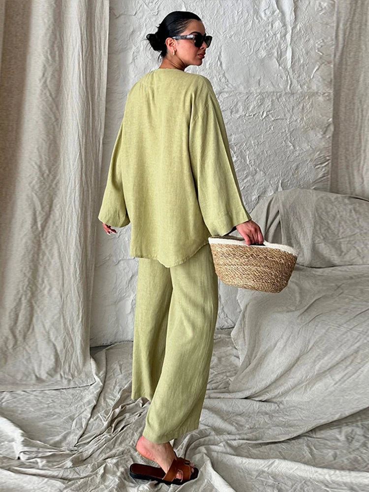 Fashion Cotton Linen Long Pants Set For Women Causal V Neck Beading Lace Up Shirts Solid Wide Leg Pant Suits Lady Street Outfits