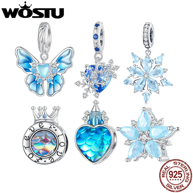 WOSTU 925 Sterling Silver Snowflake Butterfly Charms Blue Crystal Crown Beads Fit DIY Bracelet Necklace Gift Winter Ice Kingdom