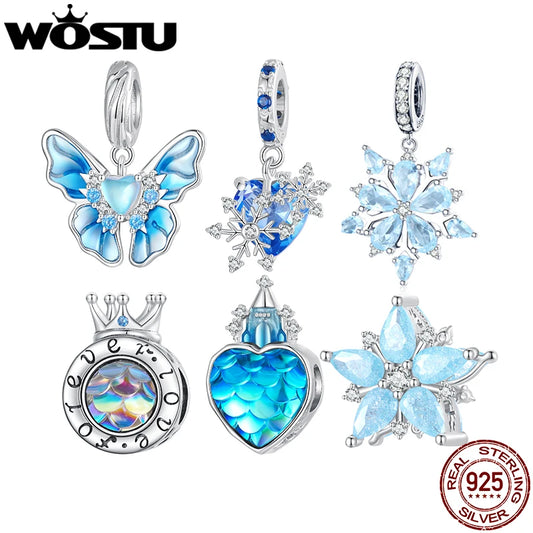 WOSTU 925 Sterling Silver Snowflake Butterfly Charms Blue Crystal Crown Beads Fit DIY Bracelet Necklace Gift Winter Ice Kingdom