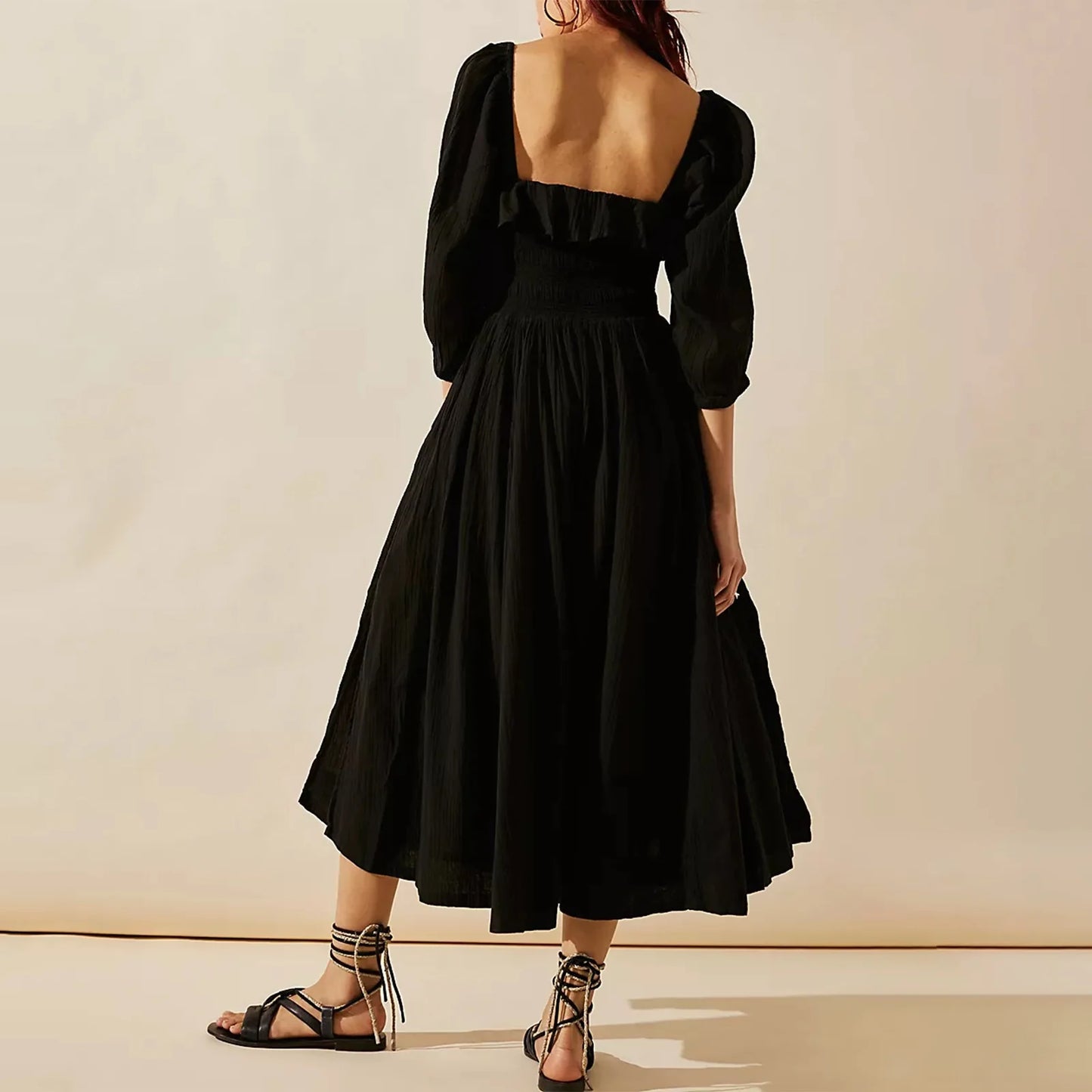 Women's Midi Dress Flowy Silhouette Ruffled Necklin High Split Dress with a Smocked Adjustable Tie at Bustline Fairycore Dresses