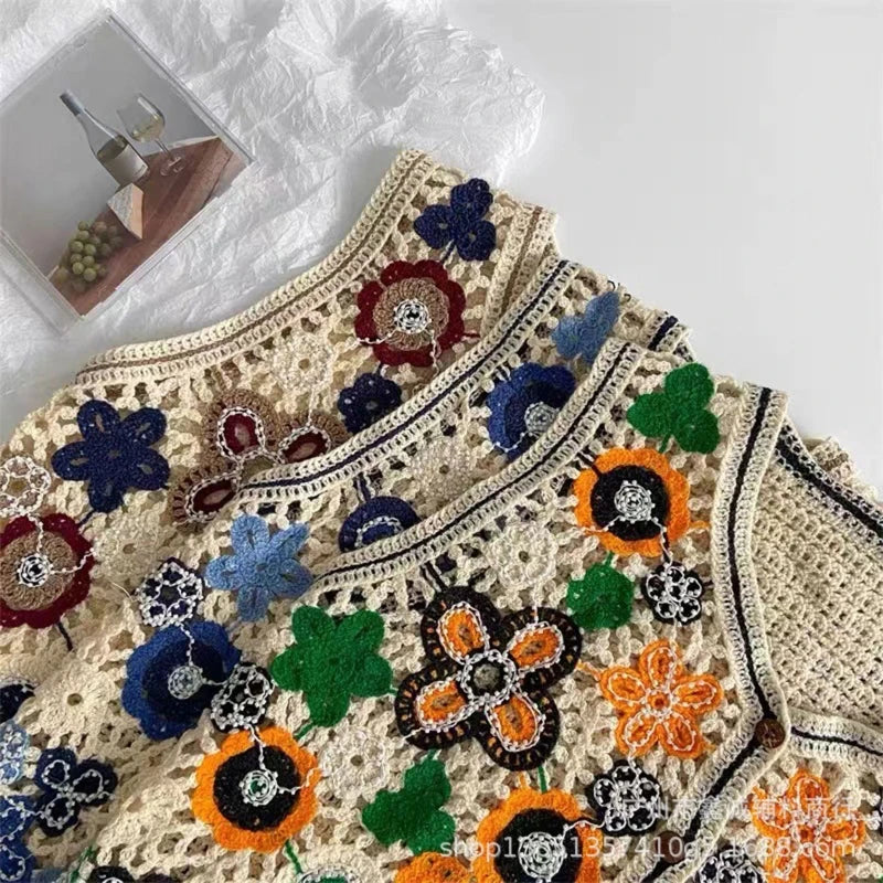 Women Hollow Crochet Knit Vest Waistcoat Beaded Embroidery Colorful Floral Sleeveless Cardigan for Jacket Button Crop To