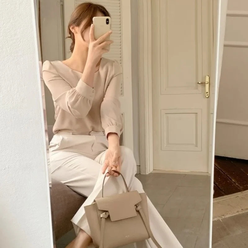 Autumn Puff Sleeve Simple Shirts Spring Square Collar Women Blouse 2024 Elegant Casual Loose Tops Fashion Ladies