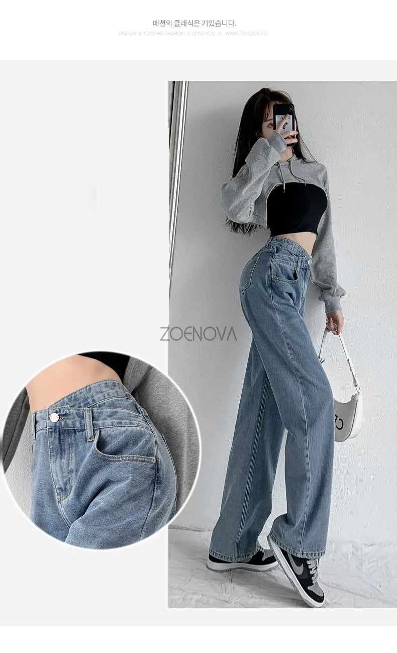 ZOENOVA Y2K 2023 Women Clothing Cross Waist Straight Wide Leg Pants Chic Korean Casual Commuting Style Baggy Streetwear Jeans