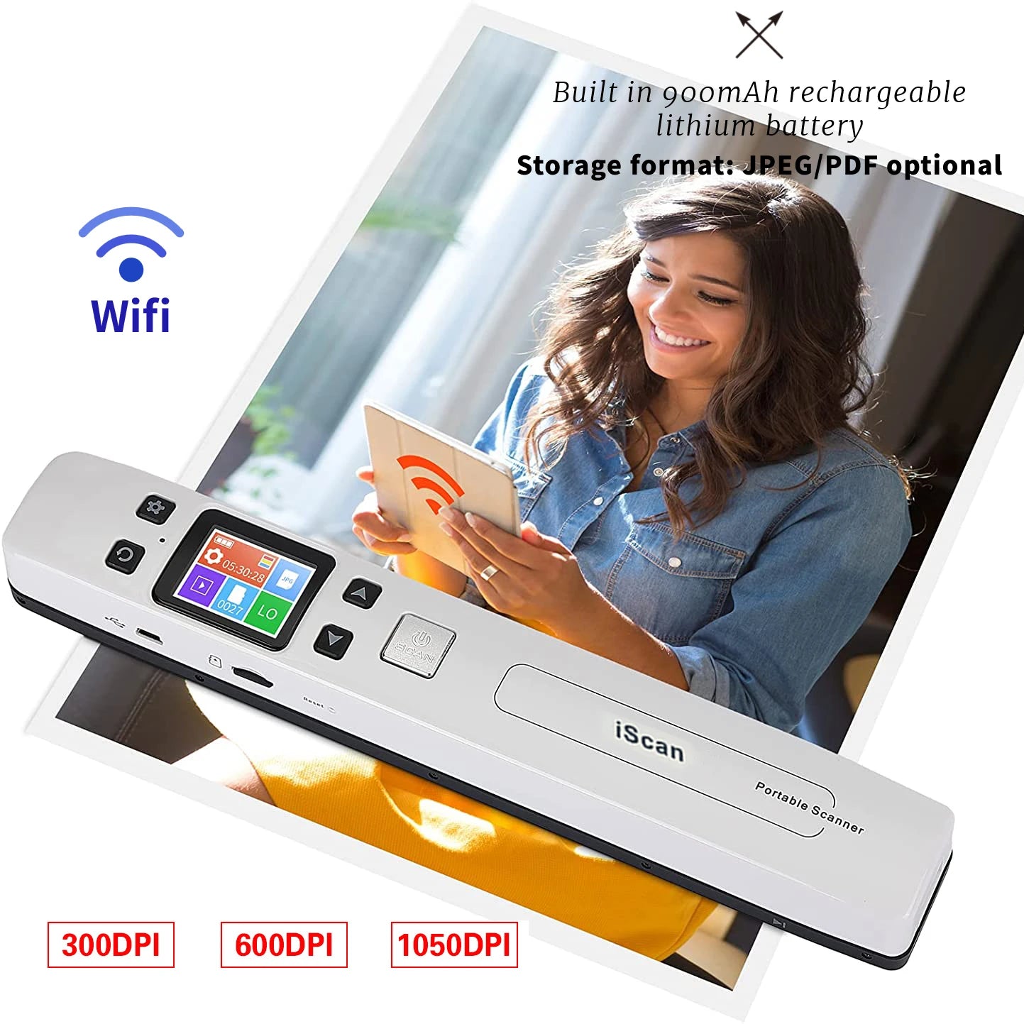 Portable iScan Wifi Scanner Handheld Zero Margin Scanner 1050DPI HD Scanner JPG/PDF for Business Reciepts Scan Document Images