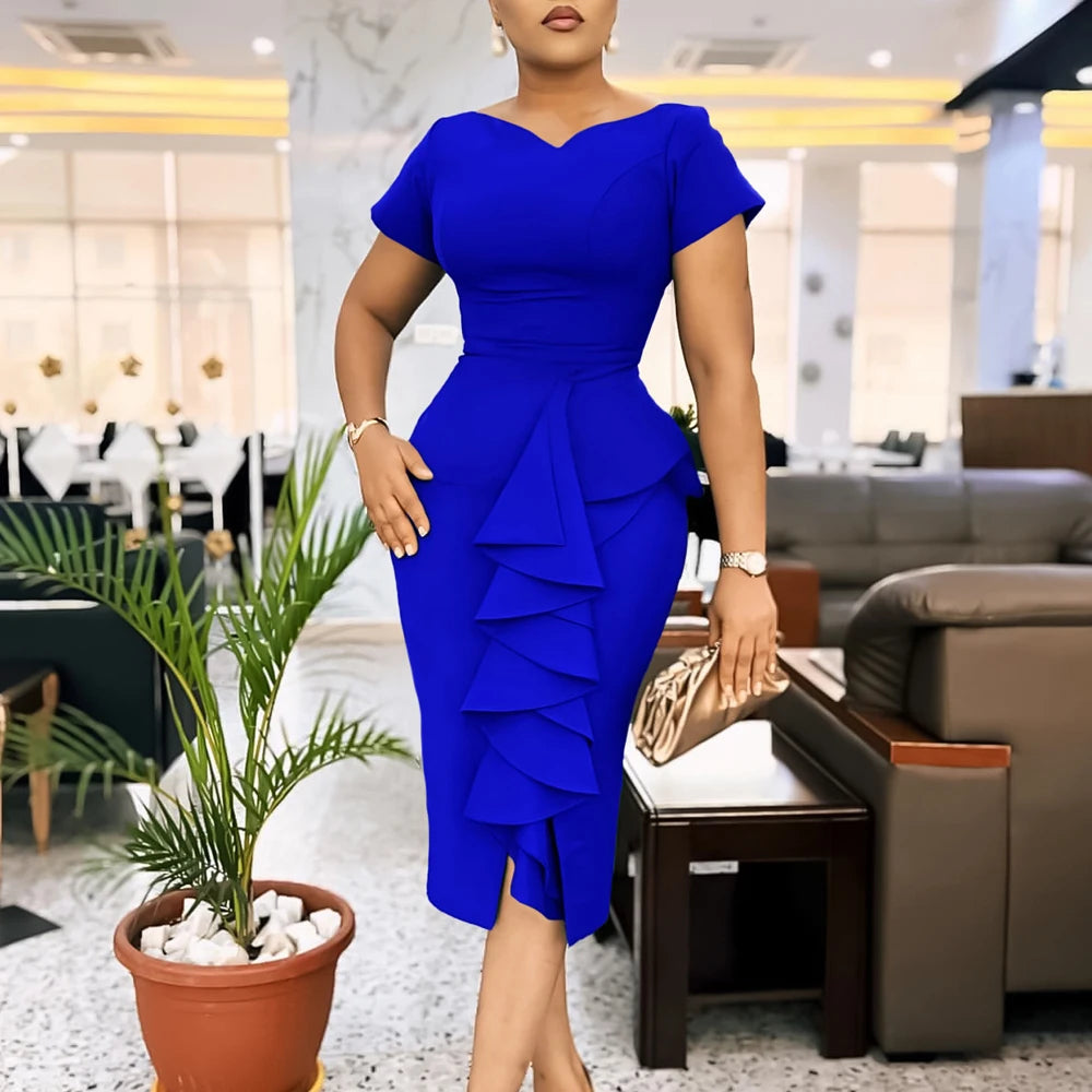 2024 African Design Popular Casual Dresses Women Elegant Solid Color Front Ruffles Formal Church Office Ladies Dress for Work