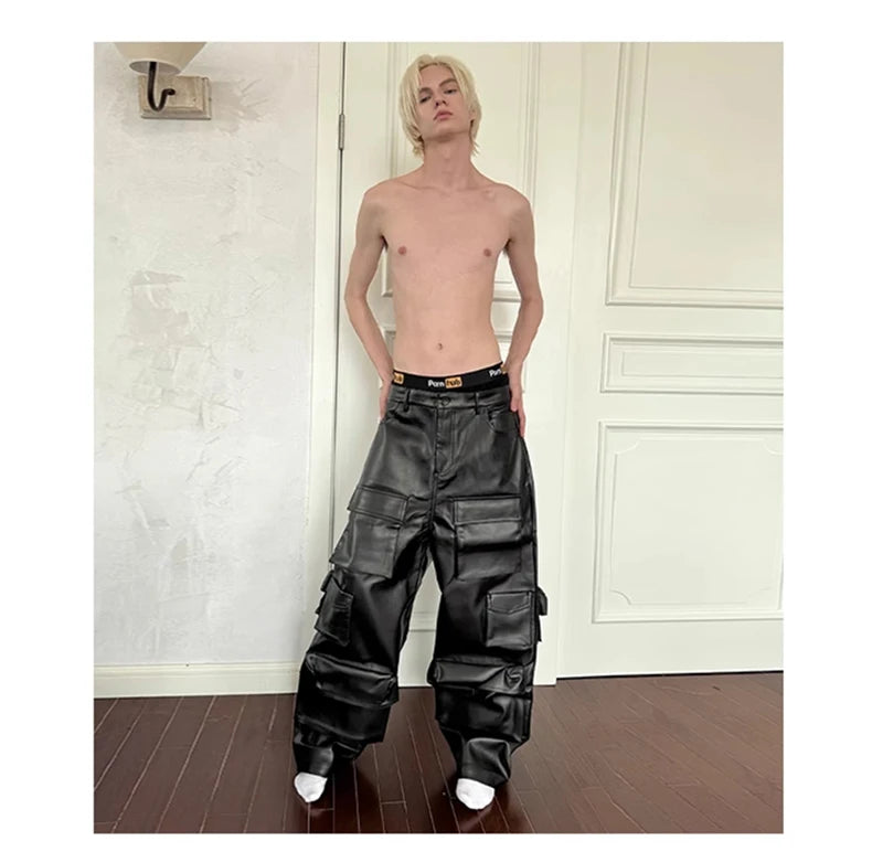 Mauroicardi Autumn Cool Black Pu Leather Straight Cargo Pants for Men Many Three-dimensional Pockets Luxury Designer Clothes