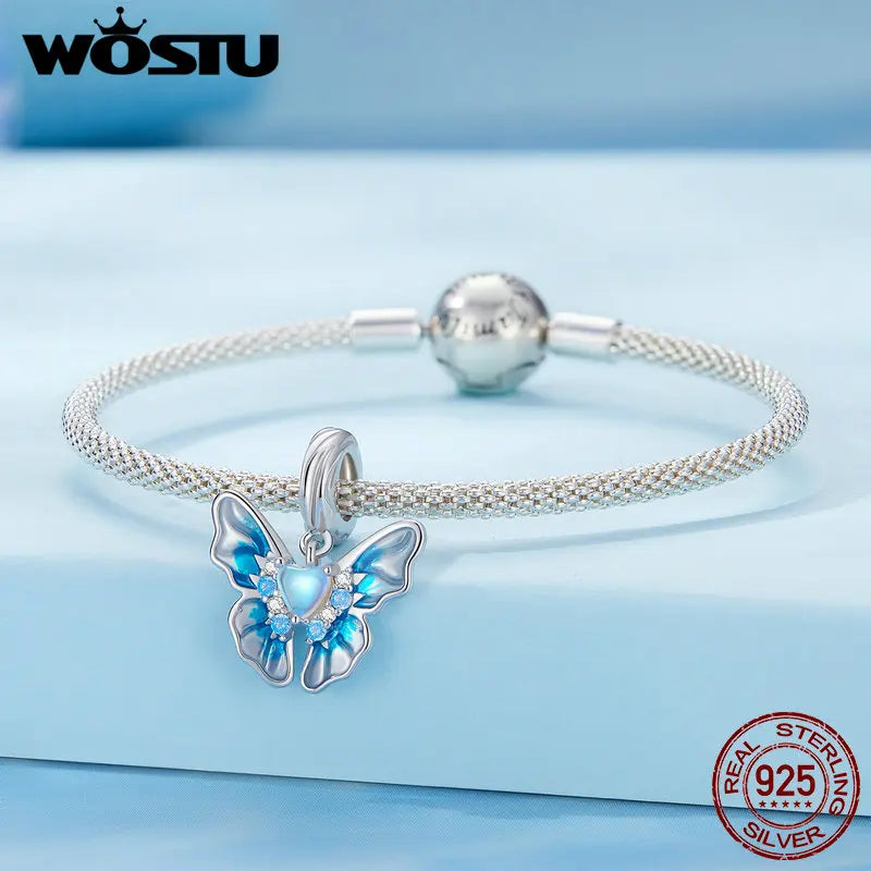 WOSTU 925 Sterling Silver Snowflake Butterfly Charms Blue Crystal Crown Beads Fit DIY Bracelet Necklace Gift Winter Ice Kingdom