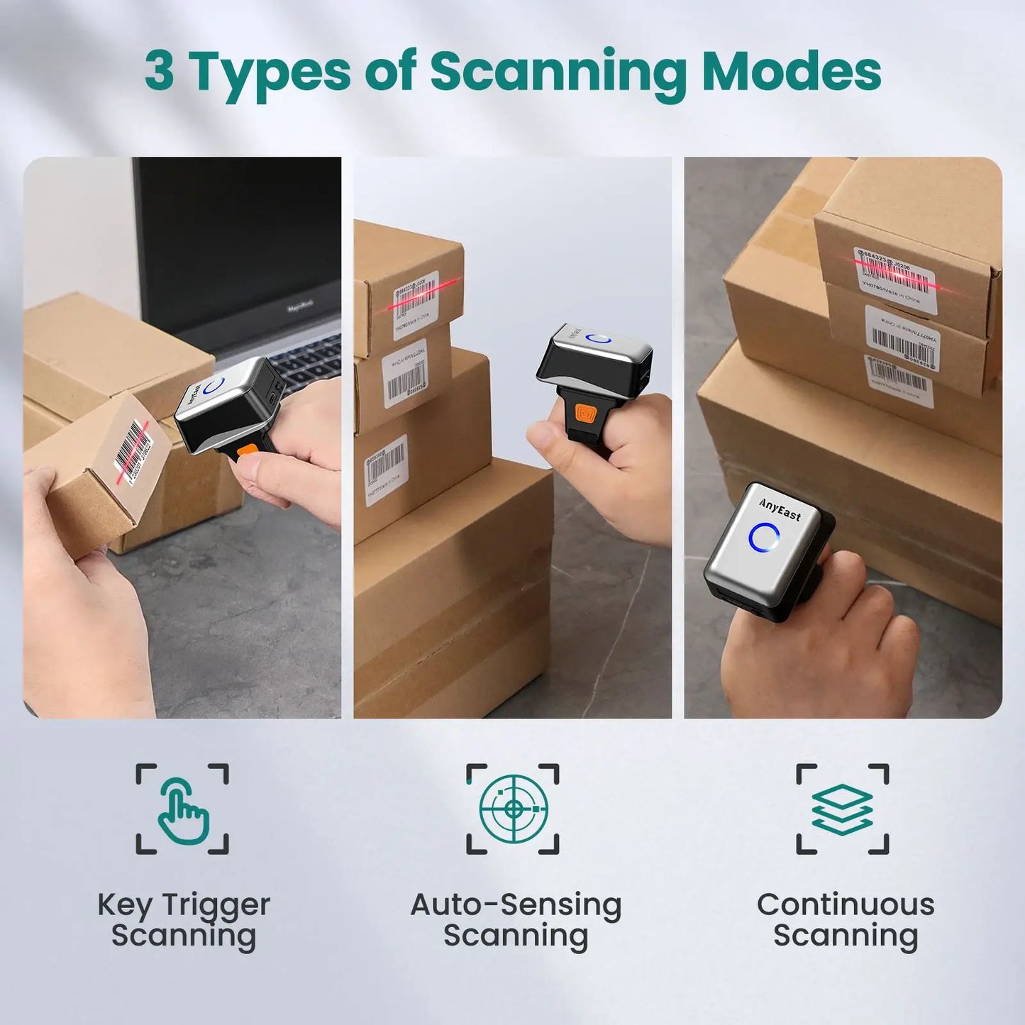 Wearable Mini 1D Ring Barcode Scanner 2.4G Wireless & Bluetooth & USB Wired 3-in-1 1D Code Reader Laser Bar Code Scanners