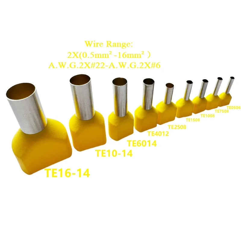 100PCS 2x(0.5mm²~16mm²) Dual Wires Copper Insulated Ferrules Cord End Crimp Terminal Electrical Cable Lug TE2508 AWG 2X(#22-#6)