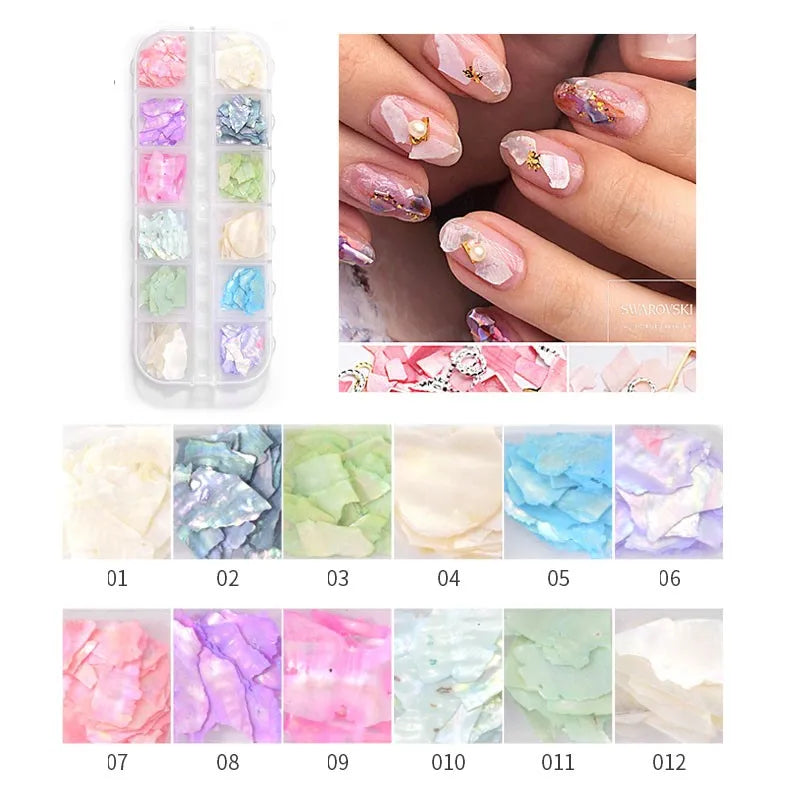 12Designs/Box 3D Abalone Shell Irregular Fragment Texture Natural Sea Shell Gel Flakes Slider Shimmer Pearl Nail Art Decorations