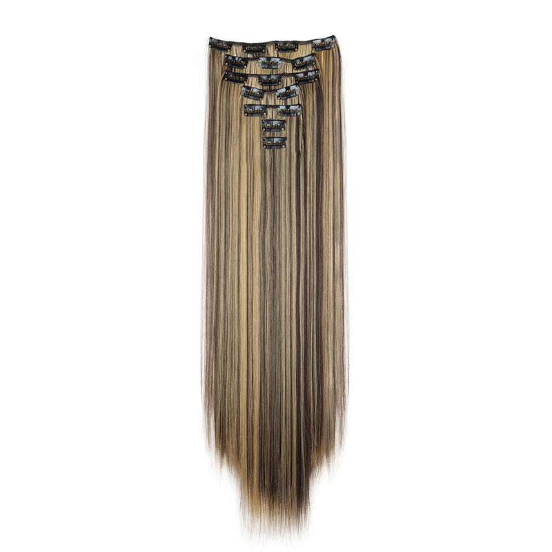 16 clips Synthetic Long Straight Hair Extensions Clips in Hair Black Brown 7Pcs/set Hairpiece for Women