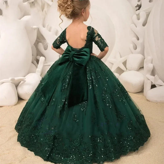 Dark Green Lace Flower Girl Dress Tulle Half Sleeve Sequin Bow Baby Girl Princess Wedding Birthday Party First Communion Dress