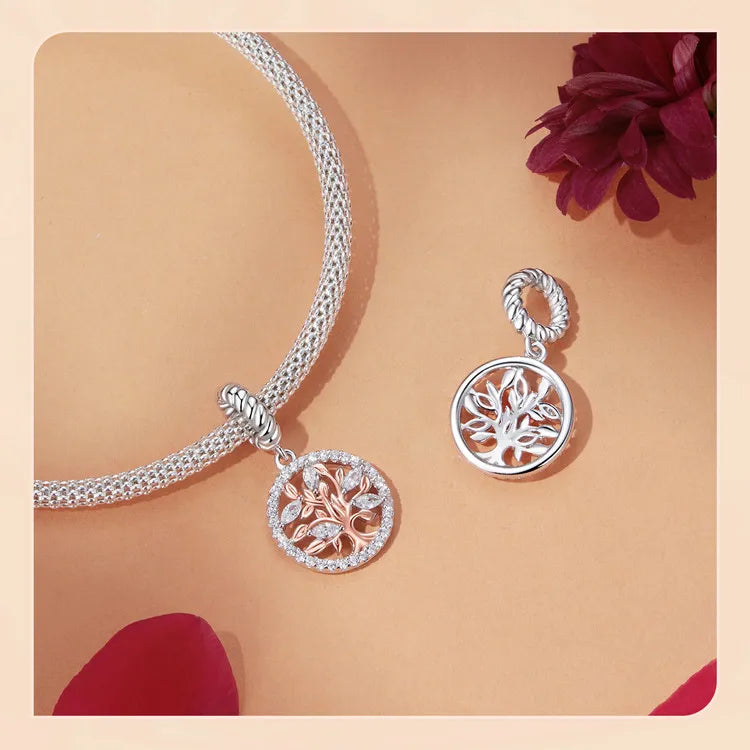 WOSTU 925 Sterling Silver Tree of Life Pendant Plated White Rose Gold Rose Charm Spacer Beads Fit Original Bracelet for Women