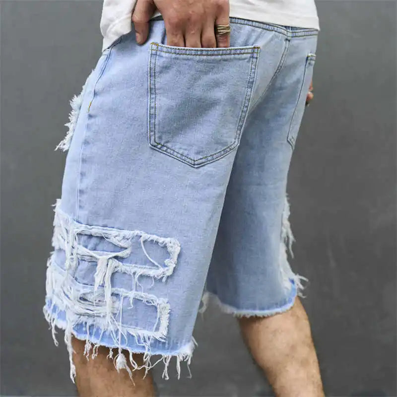 High-Streets Summer Ripped Jeans Denim Shorts for Men with Distressed Cat Whiskers Hip Hop Short Pants Men's Pants Streetwear