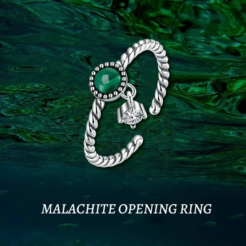 WOSTU 925 Sterling Silver Vintage Green Malachite Open Twist Rings for Women Handmade Round Natural Stone CZ Link Ring CQR853