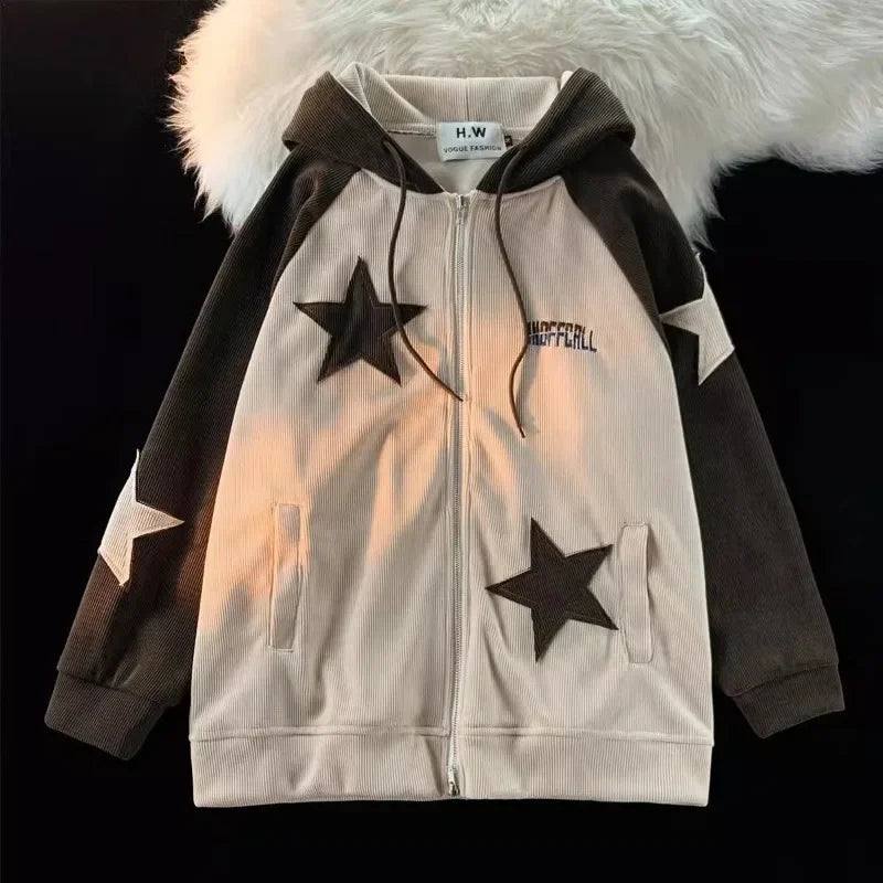 American Retro Patch Star Corduroy Jacket For Men And Women Y2k Streetwear Gothic Street Fashion Relaxed Lazy Cardigan Sweater