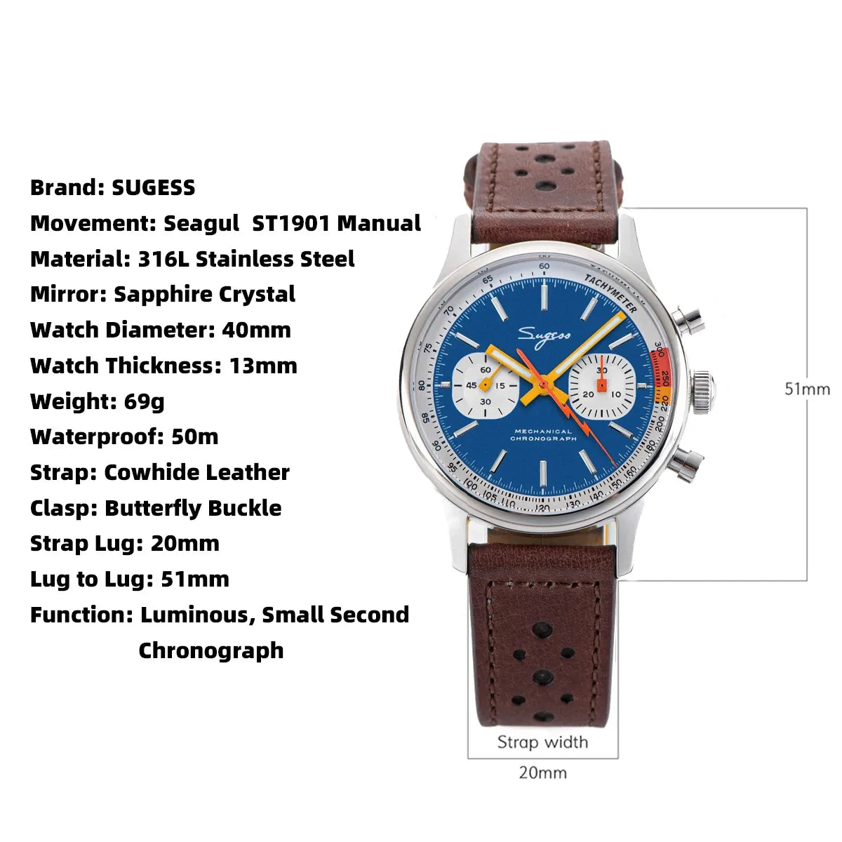 Sugess Watch Mens 1963 Pilot Chronograph Mechanical Wristwatches Tianjin ST19 Movement Swanneck Sapphire Crystal Racing Leather