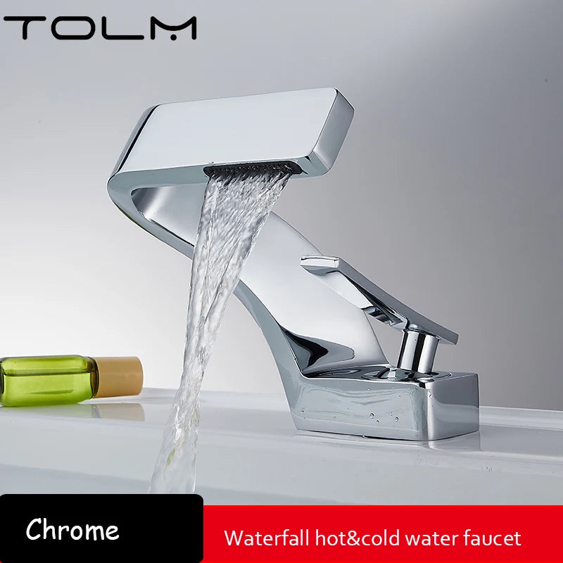 TOLM Chrome White Basin Faucet Deck Mounted Waterfall Bathroom Vessel Sink Mixer Tap Single Handle Hot Cold Water Tap