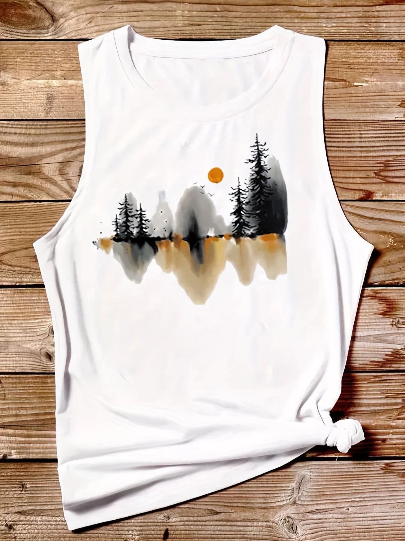 Women's Summer Casual Loose Size Landscape Ink Painting Print Round Neck Sleeveless Tank Top T-shirt