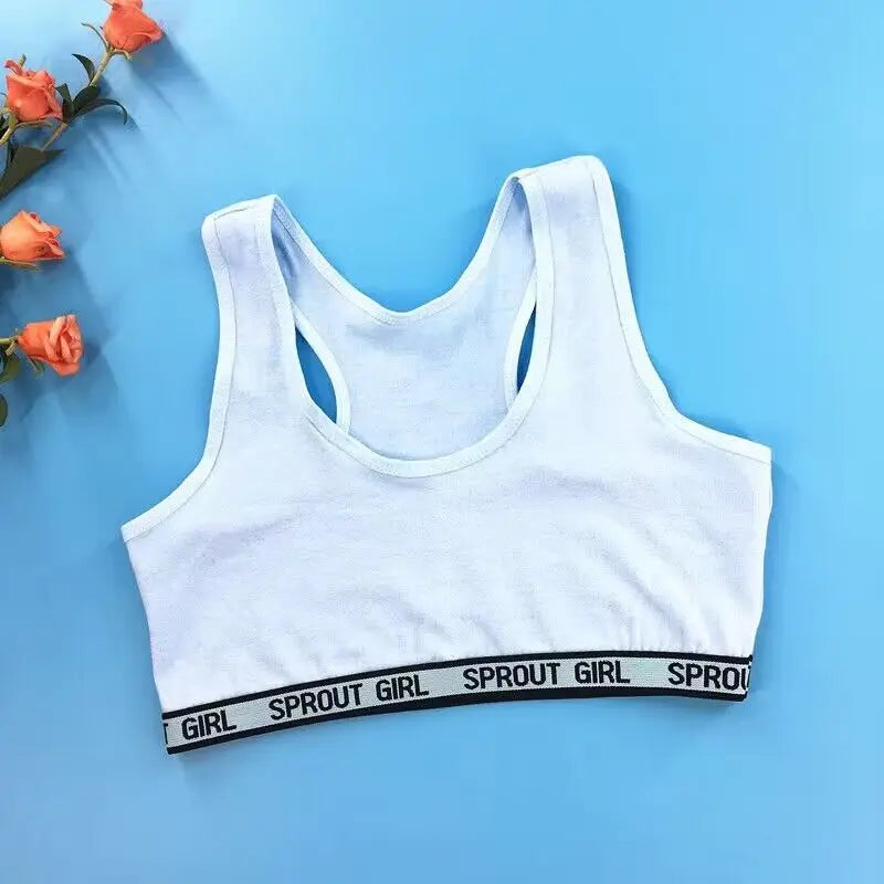Girl Cotton Sport Training Bra Cartoon Smiley Print Print Solid Color Wide Strap Underwear Bralette Seamless Crop Top 8-16Y
