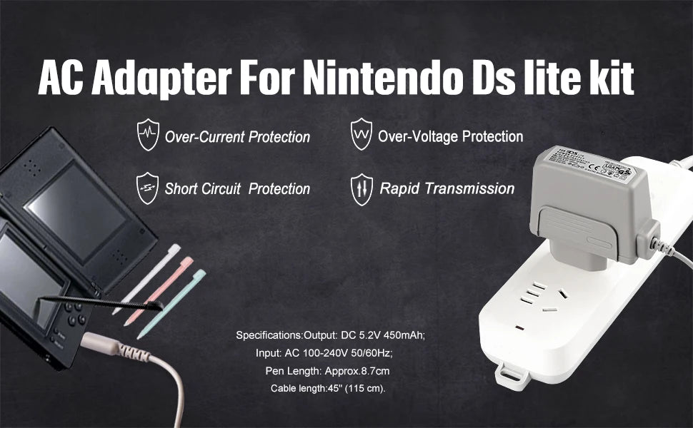 DS Lite Charger Kit, AC Power Adapter Charger and Stylus Pen for Nintendo DS Lite Systems Wall Travel Charging Cable 5.2V 450mA