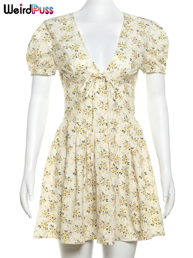 Weird Puss Floral Romantic Dress Women Summer Idyllic Lantern Shorts Sleeve Deep v-Neck Summer Trend Slim Party Birthday Bodycon