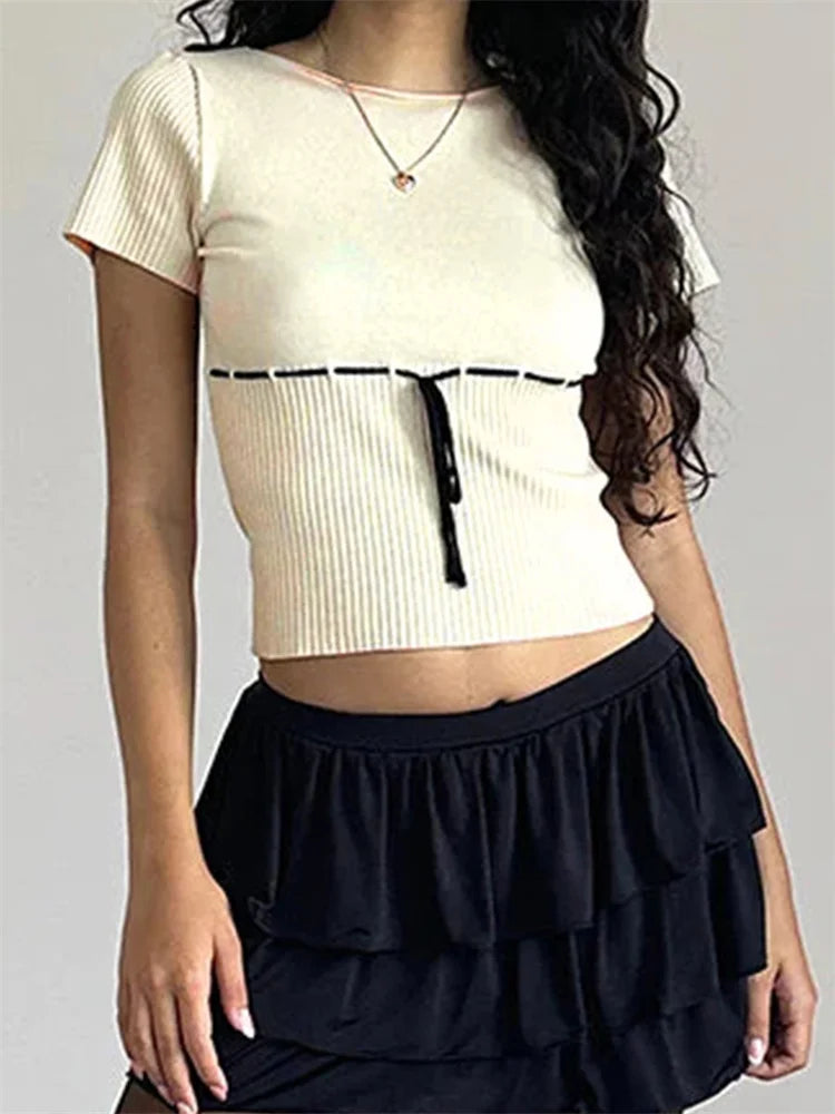 CHRONSTYLE Women Summer Crop Tees Shirts Tops Short Sleeve Round Neck Patchwork Ribbed Slim Fit T-shirts Party Streetwear 2024