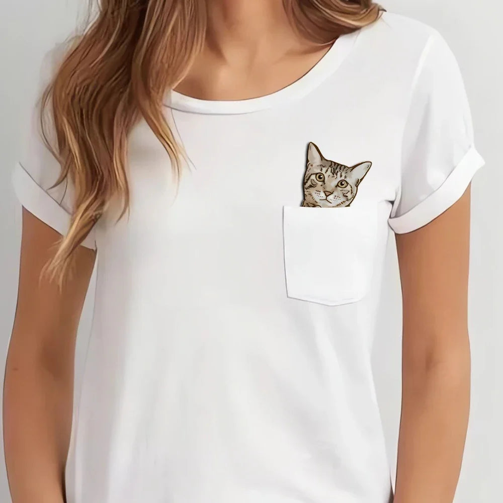 CLOOCL Animals Cat Pocket T-Shirts Tabby Middle Finger Printed T-shirt Men for Women Summer Short Sleeve Shirts Cotton Tees Tops