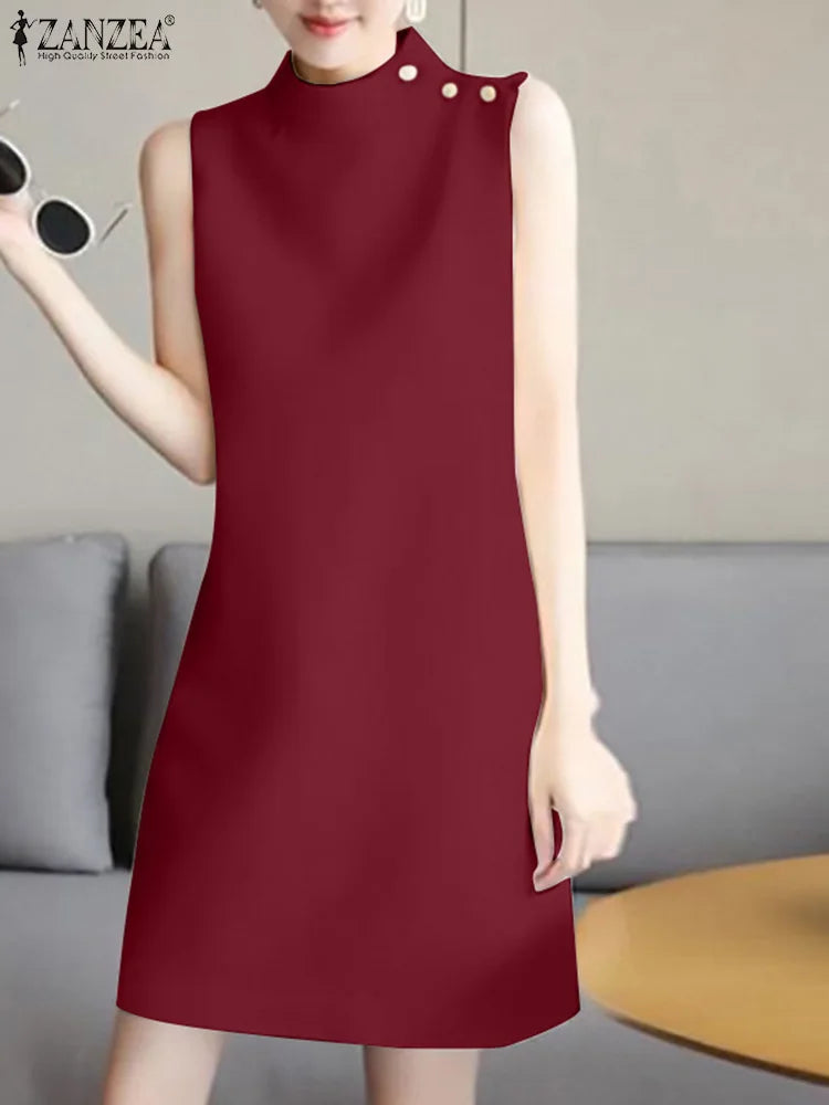 2024 ZANZEA Office OL Sundress Fashion Summer Dress Women Sleeveless O-Neck Party Vestidos Solid Tanks Robe Elegant Work Dress