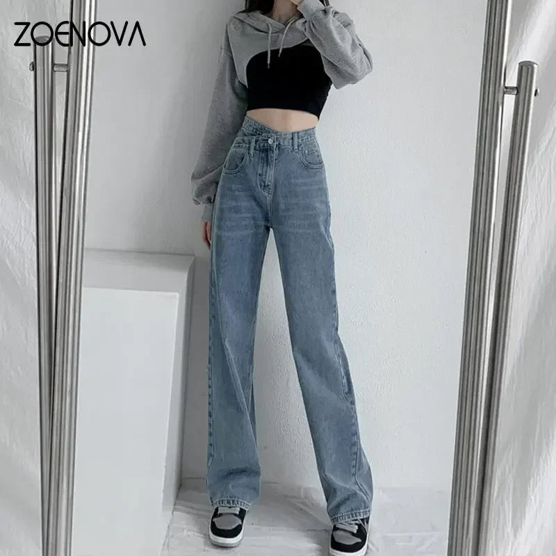 ZOENOVA Y2K 2023 Women Clothing Cross Waist Straight Wide Leg Pants Chic Korean Casual Commuting Style Baggy Streetwear Jeans